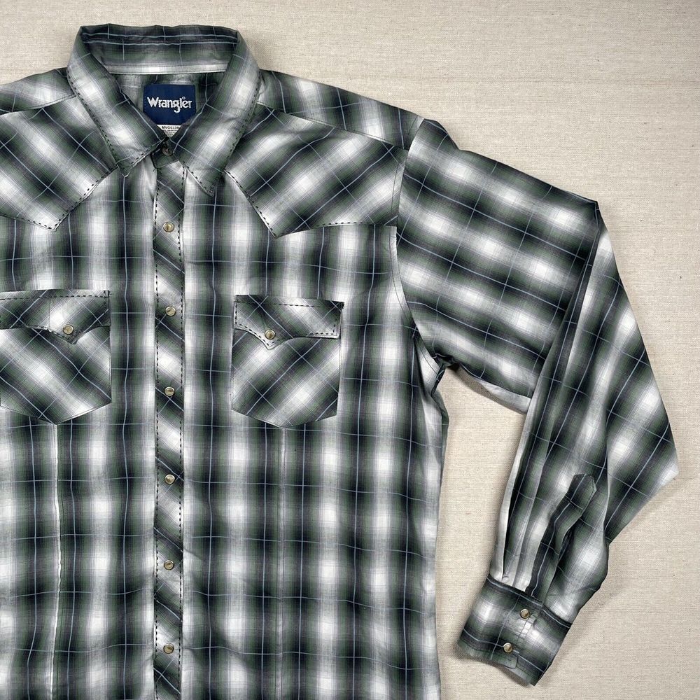 Wrangler Shirt Mens XL Pearl Snap Western Cowboy Rockabilly Plaid‎ Green Rodeo - Picture 3 of 10
